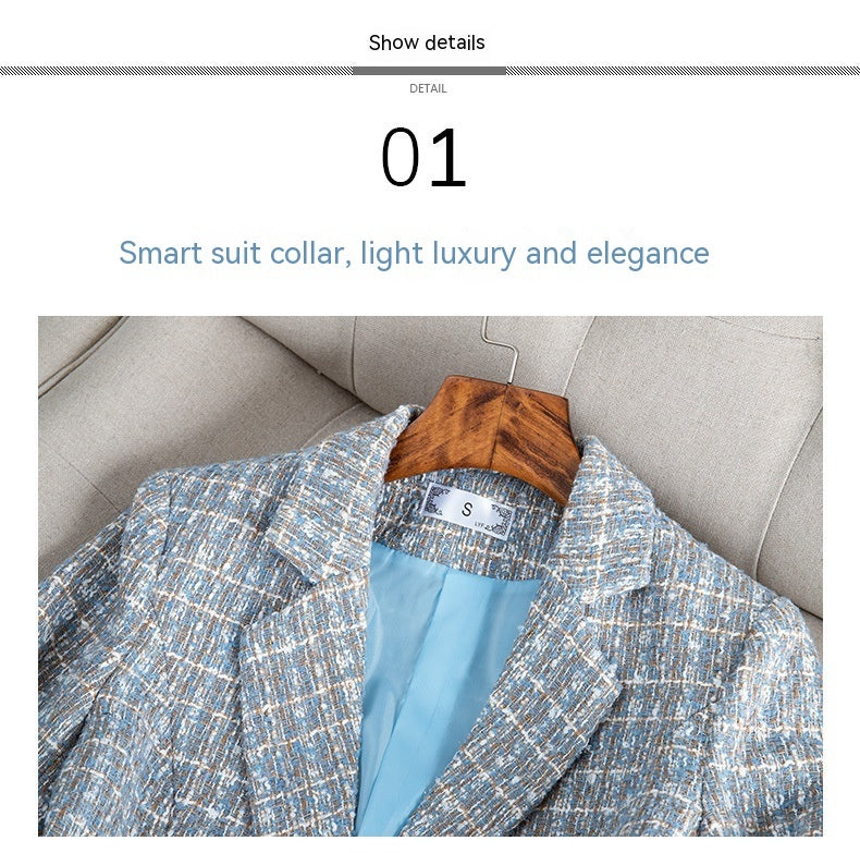 Manteau en Laine Tweed à Carreaux avec Poches - Coupe Cintrée, Bleu, Noir & Rose Abricot, Tailles S-3XL