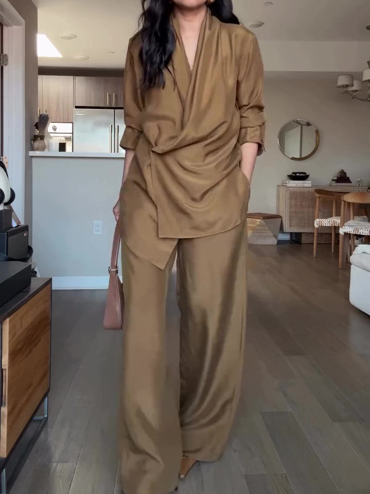 Wrap-Style Satin Blouse & Wide-Leg Pants Set