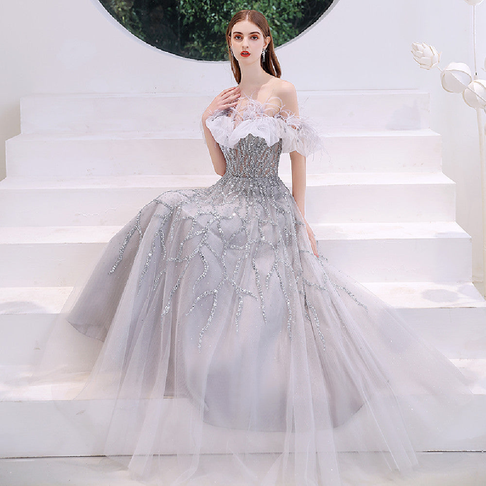 One Shoulder Organza Dress Light Grey Senior Ladies Banquet