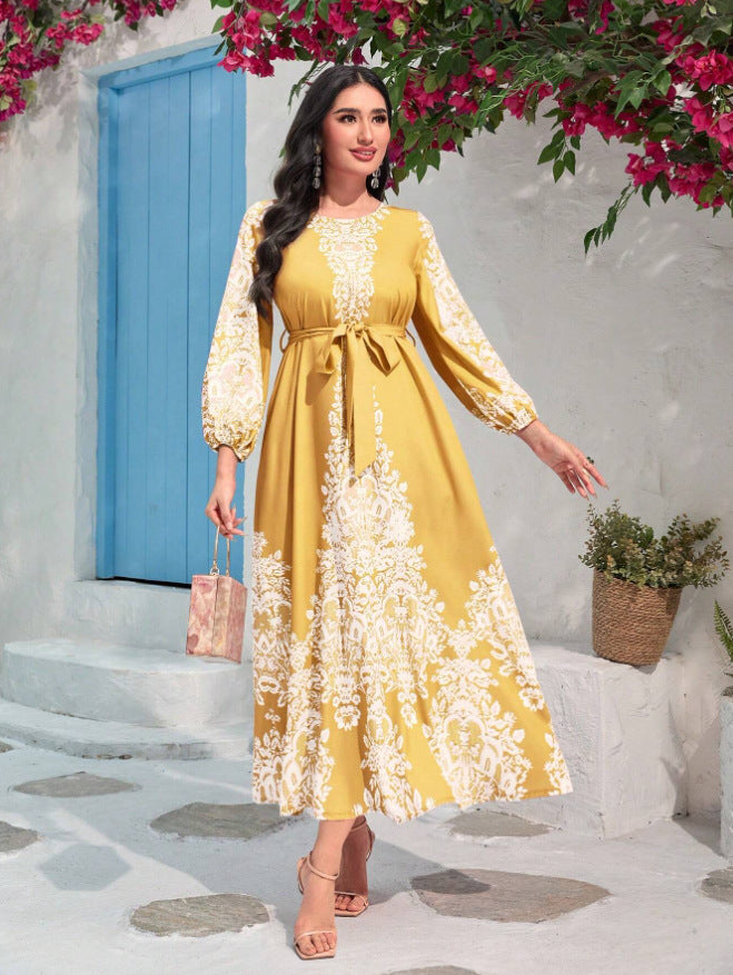 Women's Autumn Retro Printed Western Style Bubble Sleeve Arabian Women’s Chic Gentle Long Dress