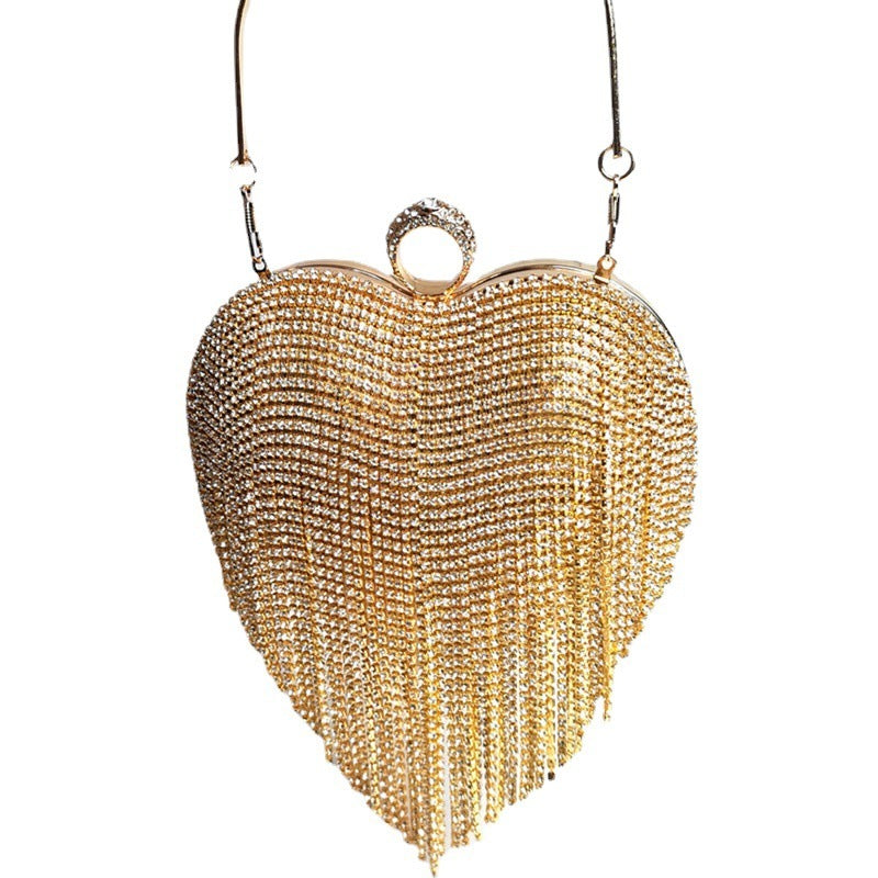 Women's Heart-Shaped Tassel Diamond Dinner Handbag 17x20x9cm Black Gold Silver