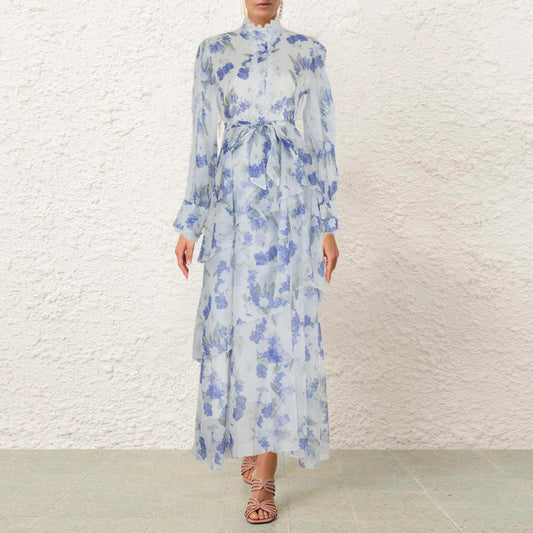 Autumn And Winter Lace Stitching Sweet Printed Ruffled Irregular Dress Women