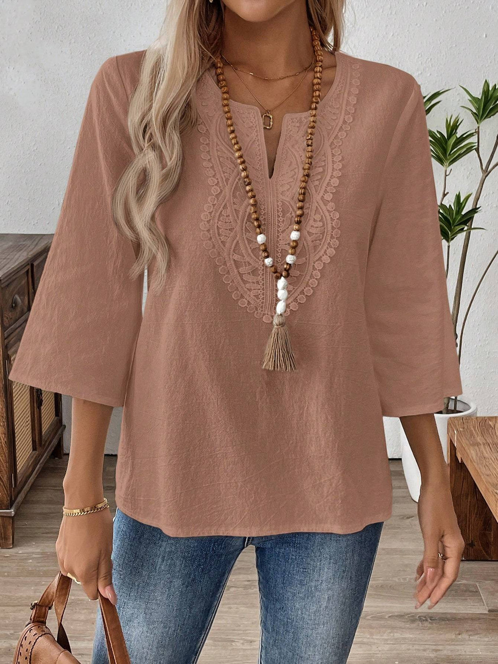 Women's Casual Solid V-Neck Long Sleeve Blouse