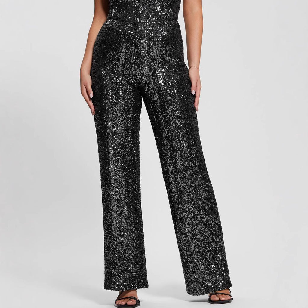 Women's Black Sleeveless Slim-Fit High Waist Belt Skirt with One-Shoulder Sequins
