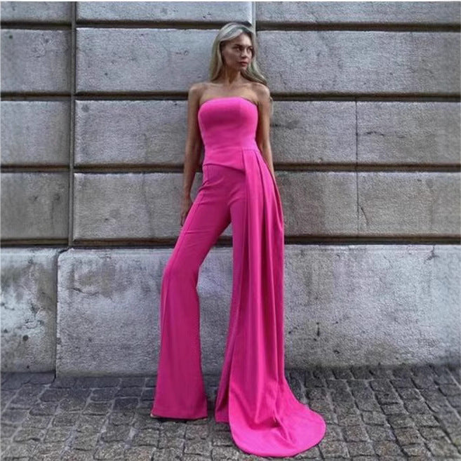 High Waist Straight Jumpsuit in White & Rose Red Polyester