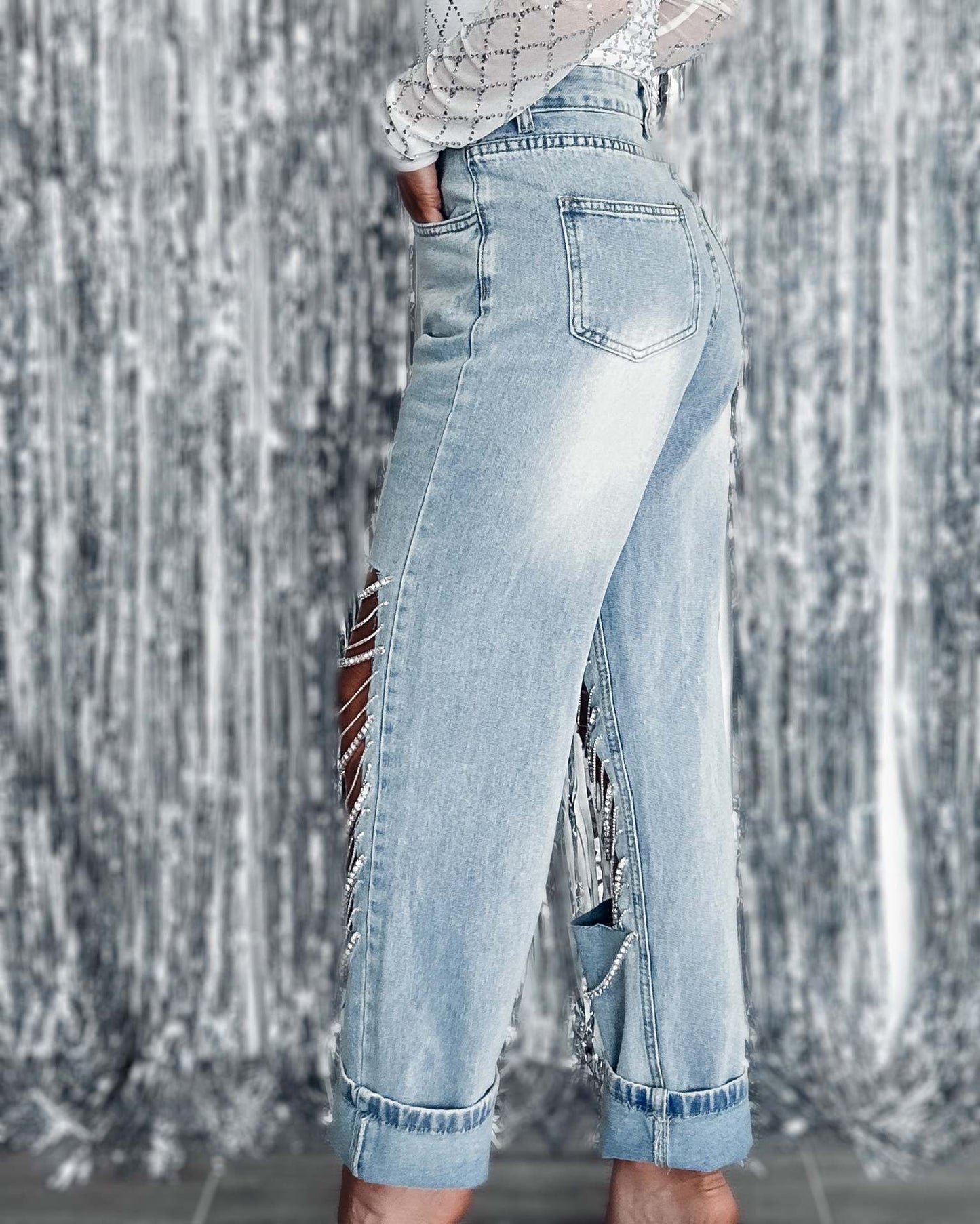 Big Ripped Jeans Women's Chain Ornaments Straight-leg Pants
