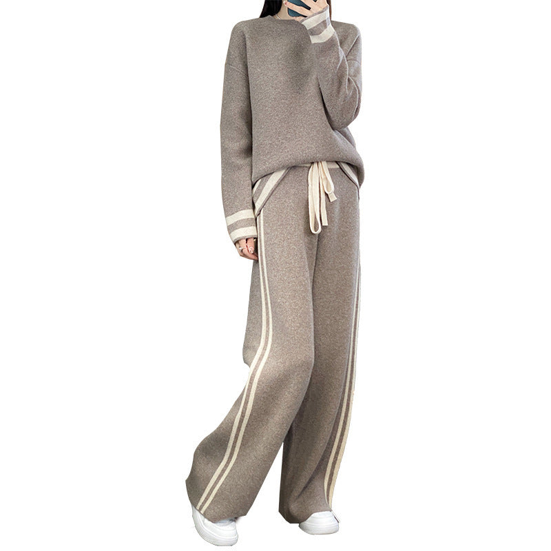 Wool Knit Sweater & Wide Leg Pants Set Casual Lounge Suit