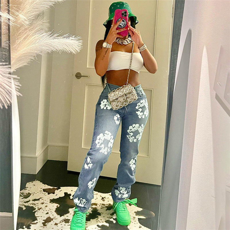 High Waist Blue Printed Straight Jeans for Women