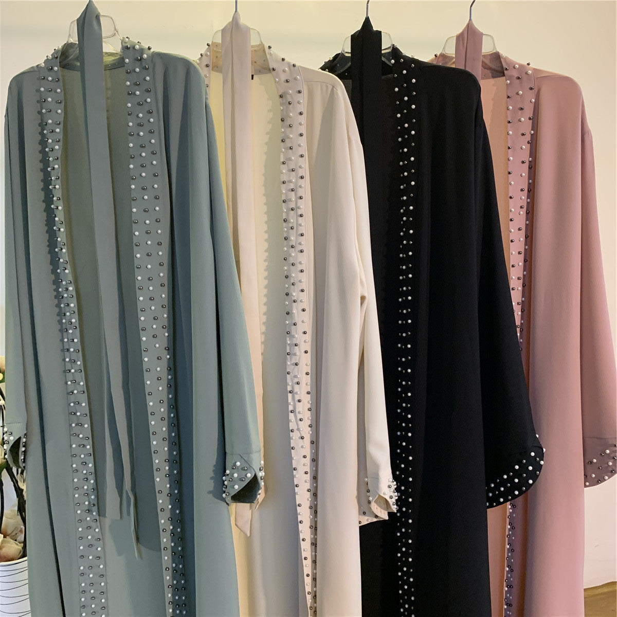 Beaded Lace-Up Cardigan Robe for Middle Eastern Women in Ice Silk
