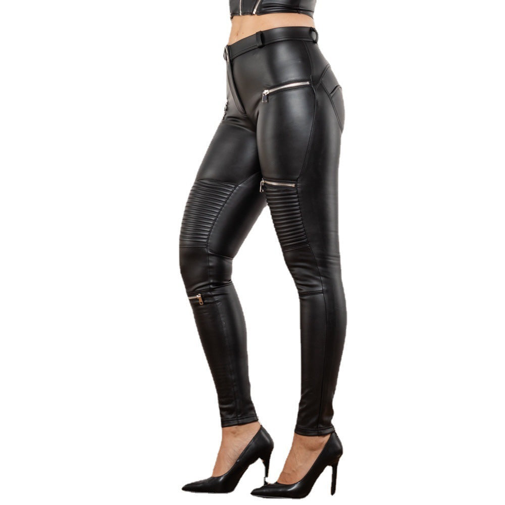 Matt Black High Elasticity PU Leather Smocking Pants for Women