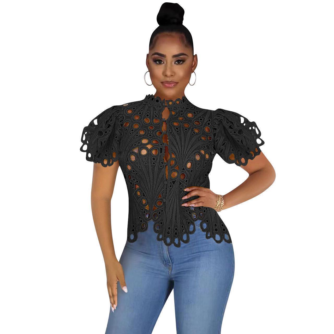 Sexy Cutout See-Through Lace Puff Sleeve Irregular Top for Women