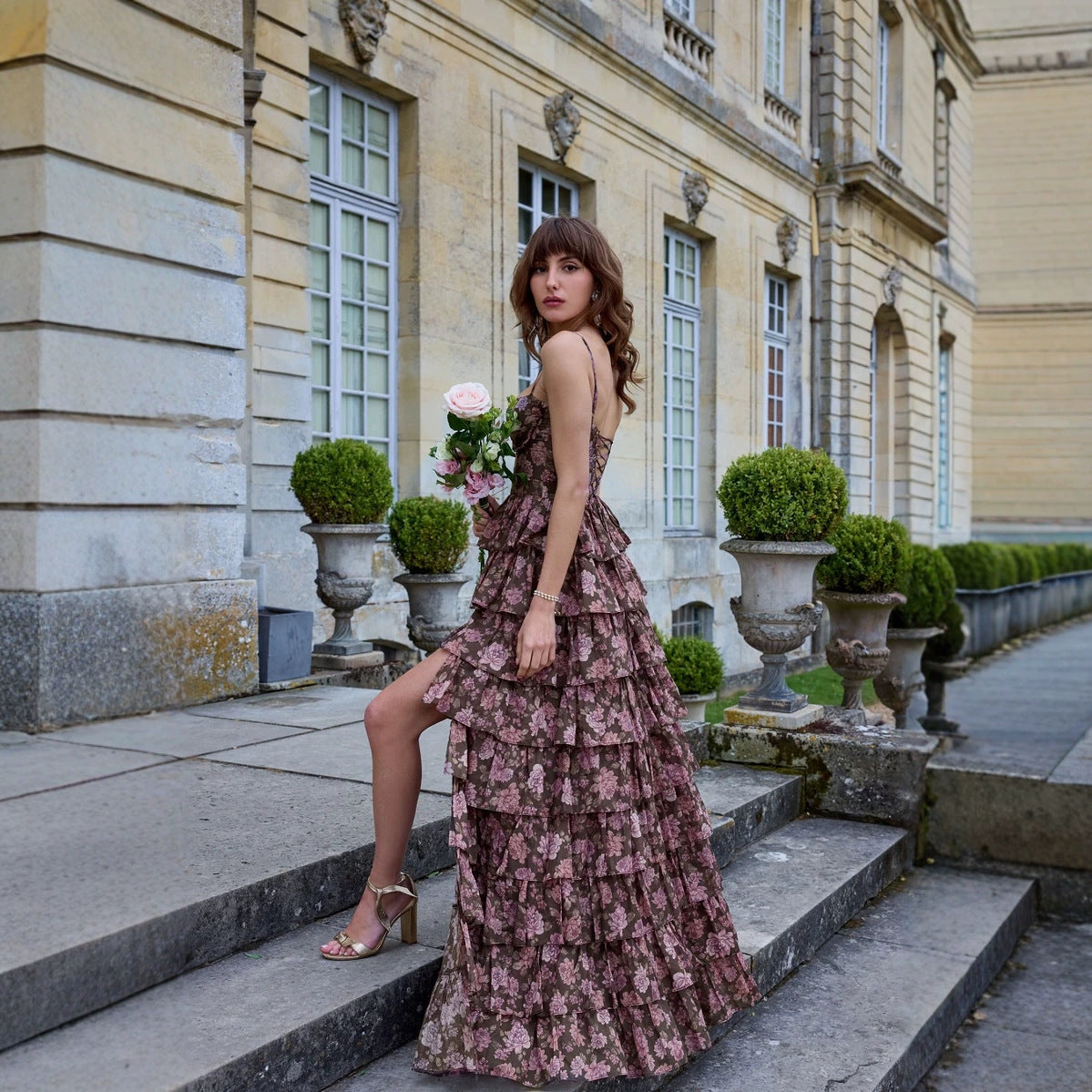Early Spring Floral Strap Fishbone Corset Party Dress