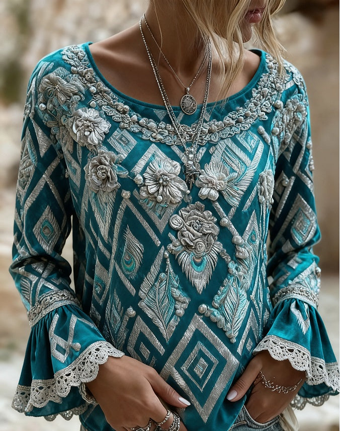 Women's Bohemian Style V-Neck Long Sleeve Shirt - Loose Printed Top