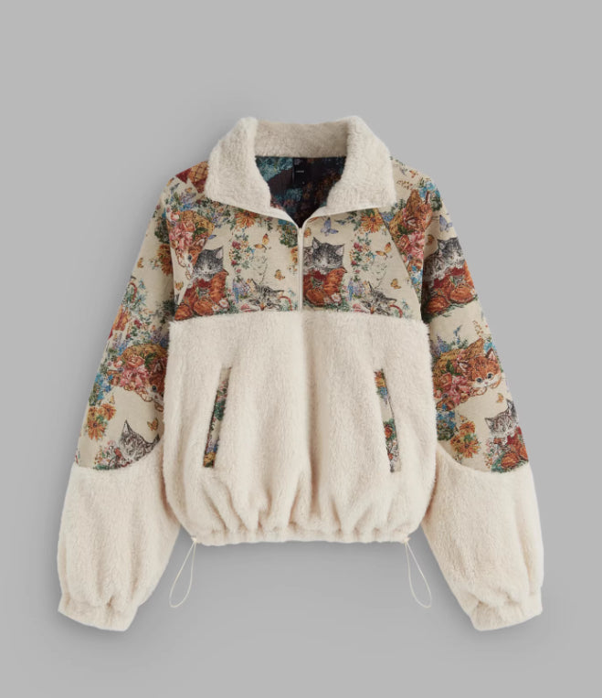 Sweat à capuche à col rabattu pour femme, motif chat floral