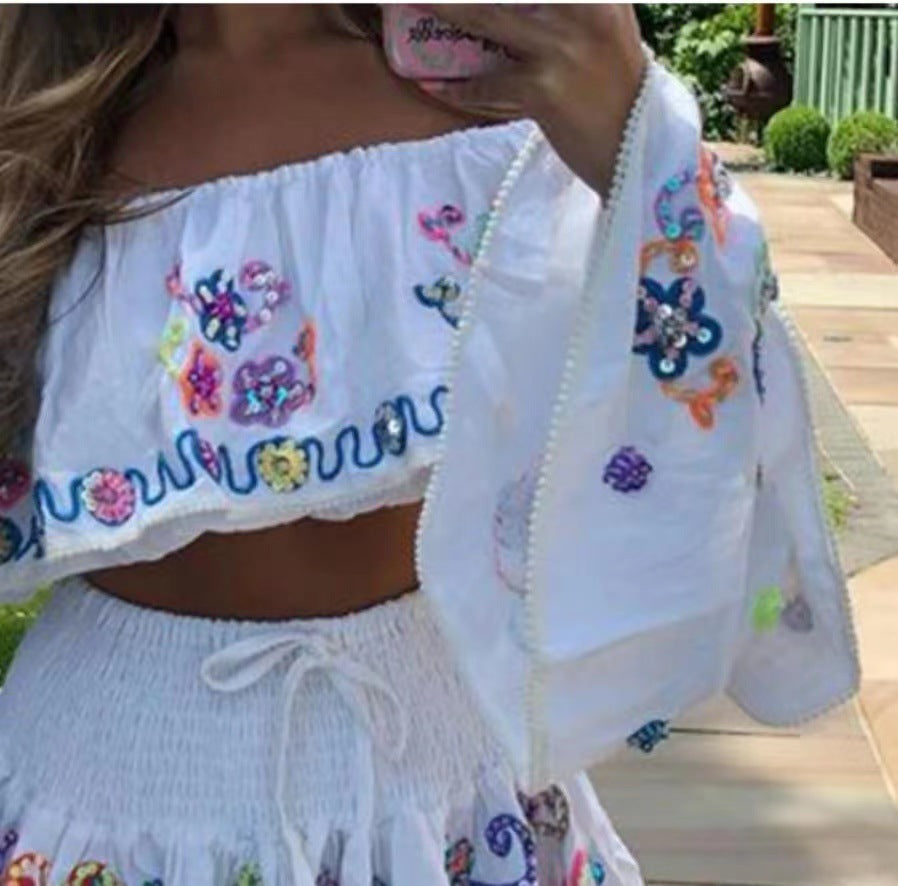 Ensemble jupe et haut évasé en coton et lin blancs pour femme