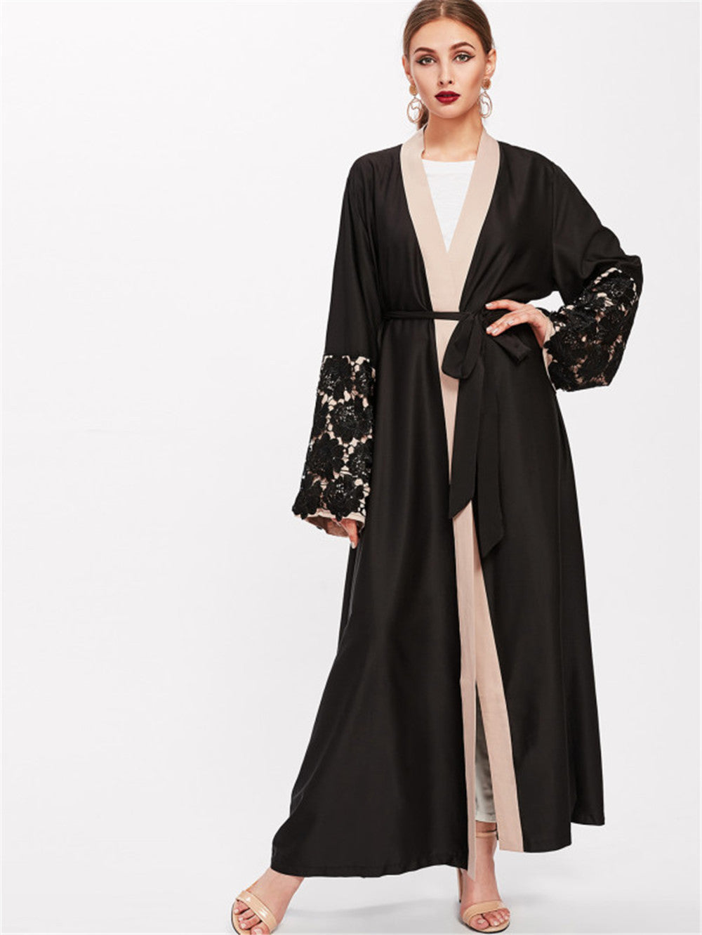 Black Lace Cuffs Long Sleeve Loose Lace-Up Cardigan Robe for Women S-2XL