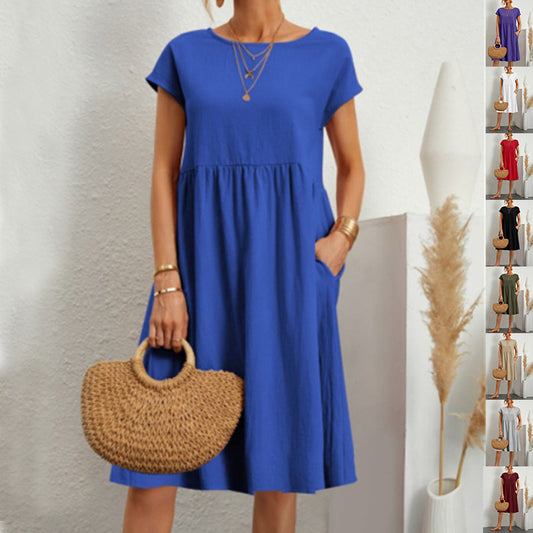 Summer Short-sleeved Dress With Pockets