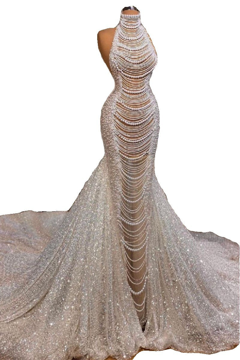 High-Waisted Milky White Fishtail Dress with Pearl Beads for Ladies