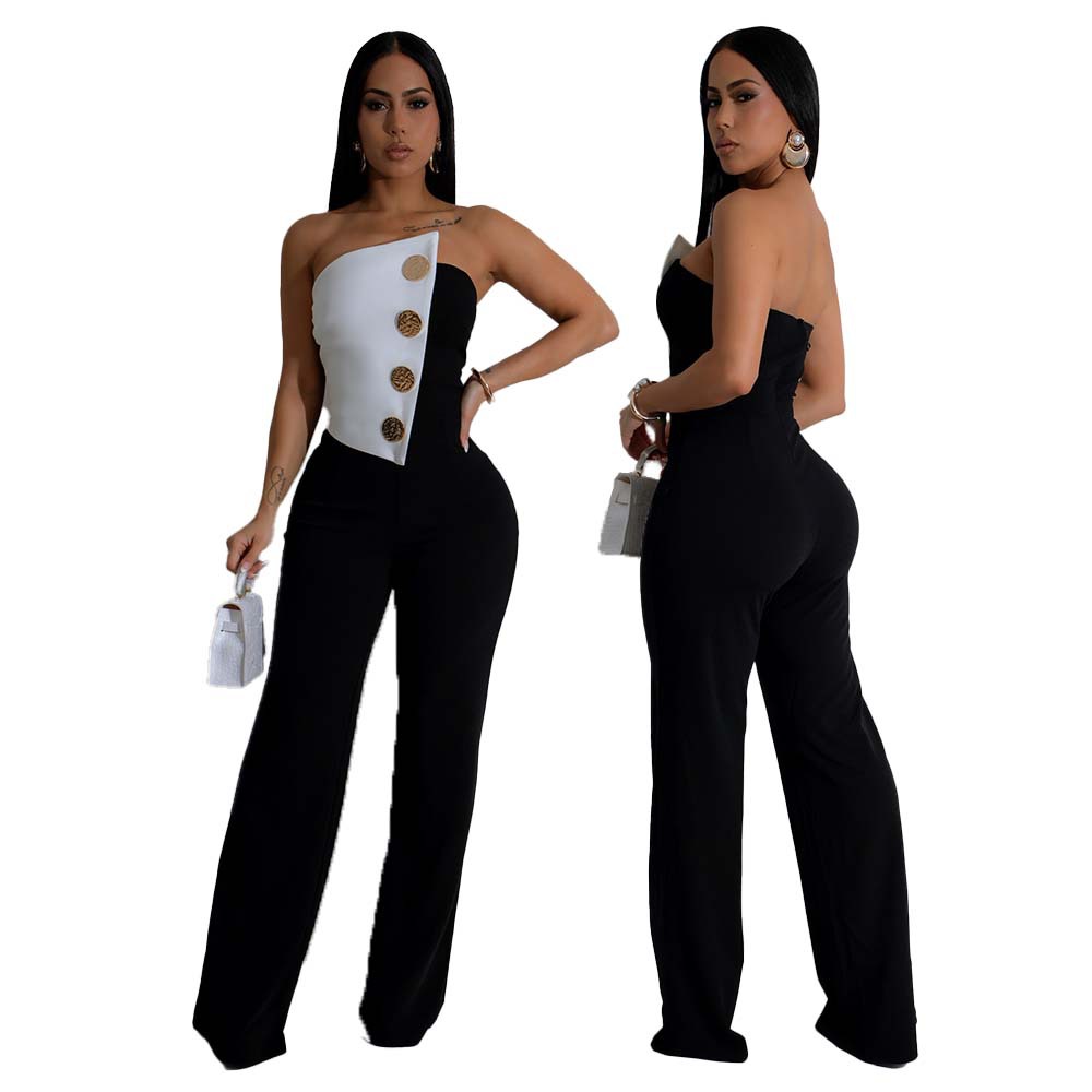 Women's Black and White Sleeveless Button Jumpsuit Mid Waist