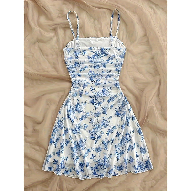 Women's Blue Floral Mid Waist French Strap Dress