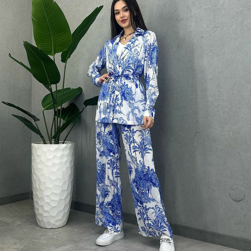 European And American Digital Printing Suit Women's Long Sleeve Loose Lace-up Casual Two-piece Suit