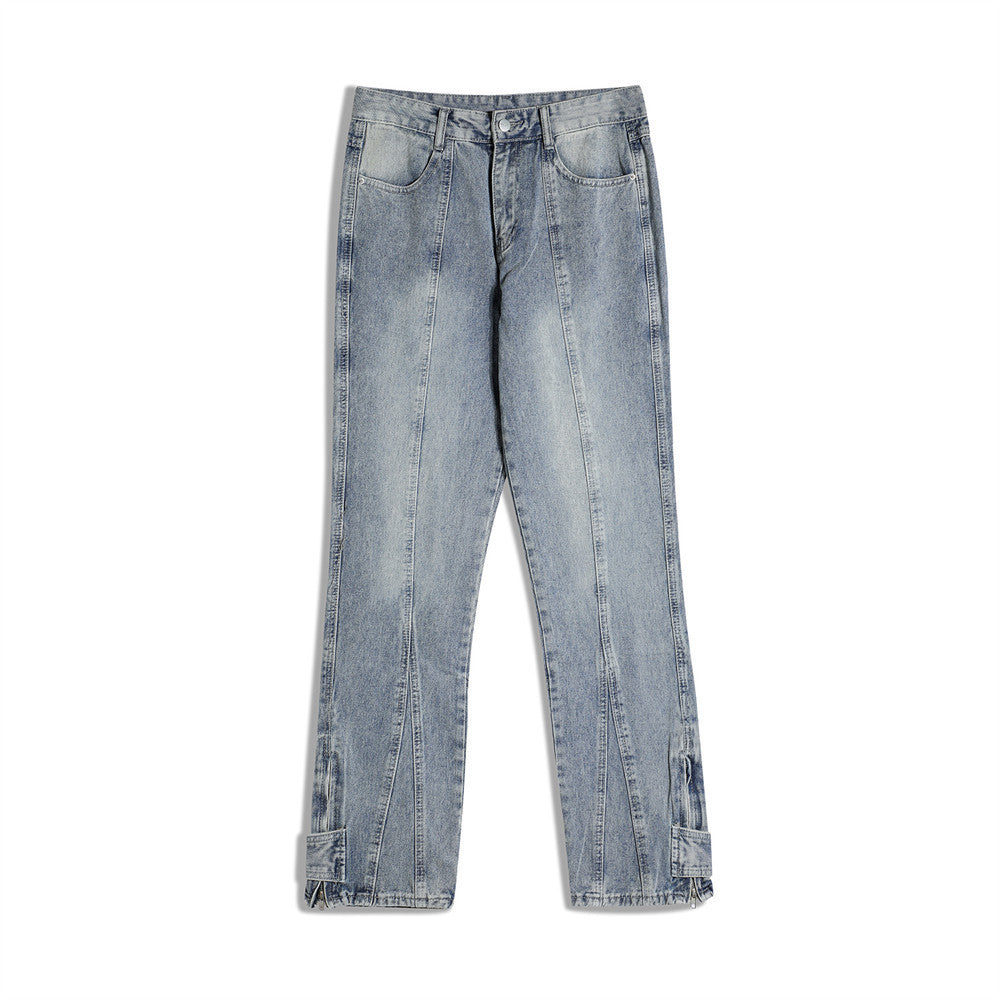 Solid Blue Patchwork Straight-Leg Jeans for Men Cotton