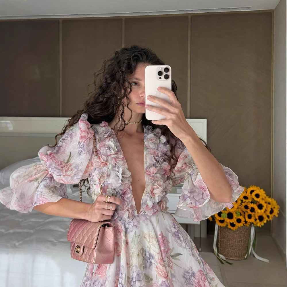 Summer New Sexy V-neck Puff Sleeve Three-dimensional Flower Waist-tight Dress