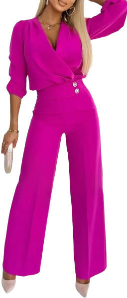 Women's Solid Color And V-neck Two-button 2-piece Trousers Suit