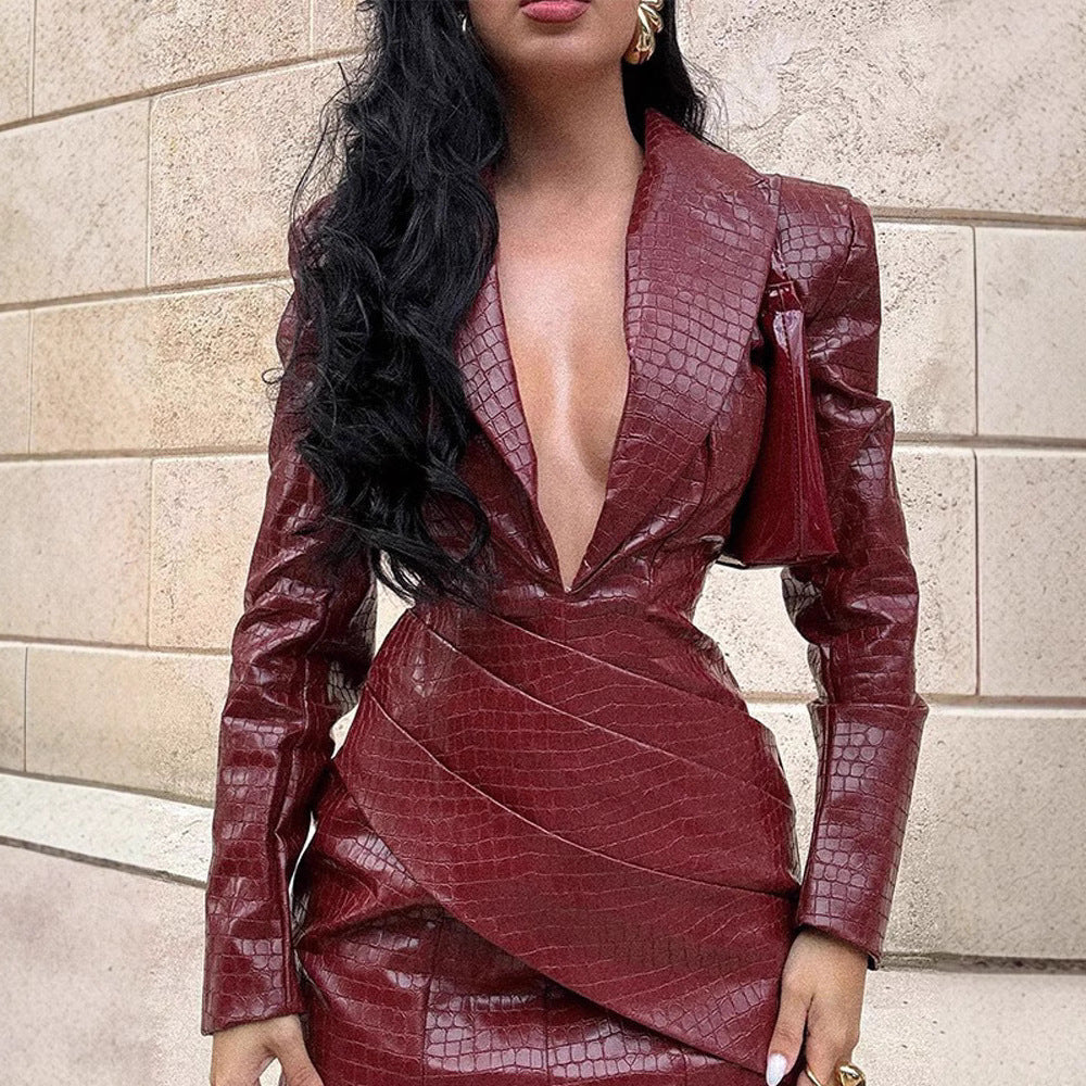 Long Sleeve High Waist Wine Red PU Leather Mini Dress