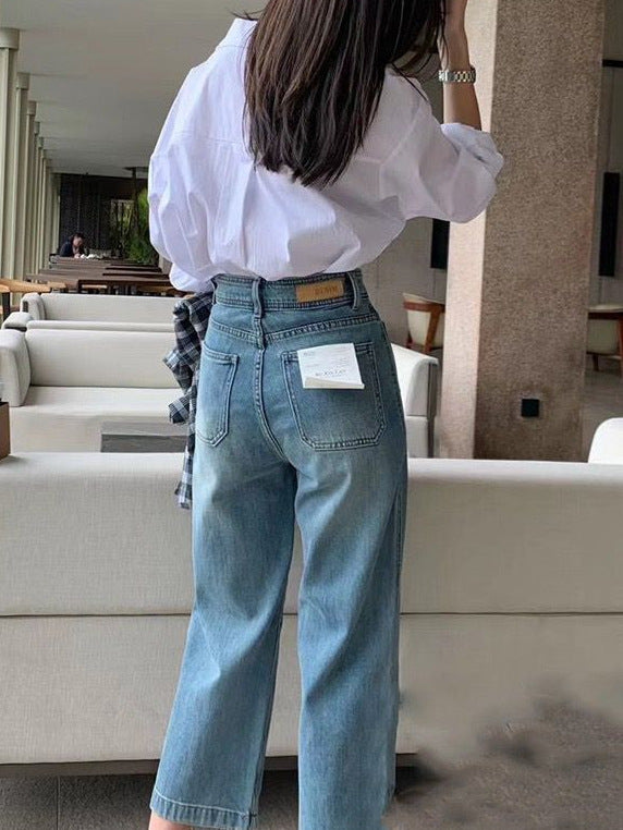 Light Blue High Waist Wide-Leg Jeans for Women Petite Slimming Nine-Point