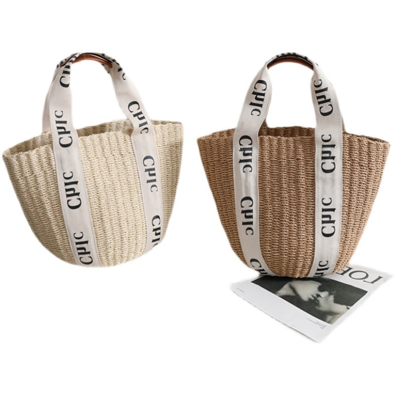 Hand-Woven Paper Bucket Bag for Women with Shoulder Strap
