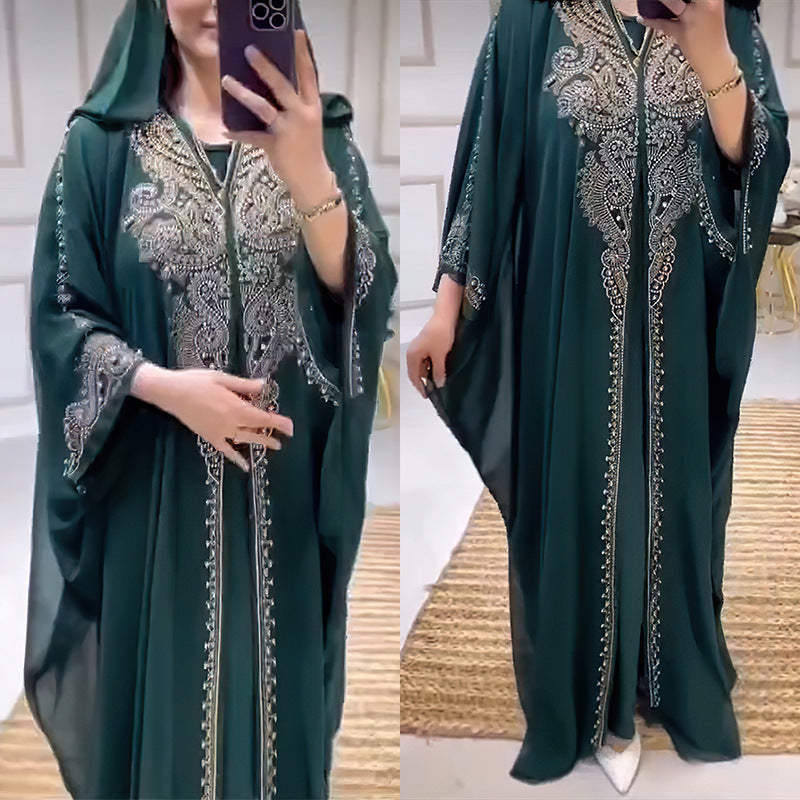 Rhinestone Beaded Muslim Hooded Long Gown Dress