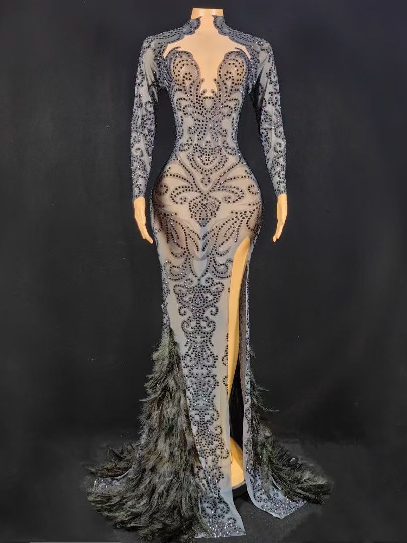 Women's Beaded Feather Long Tight Jumpsuit Dress
