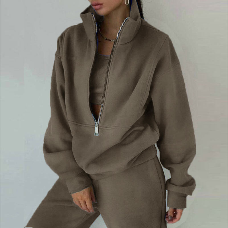 Women's Zipper Fleece Sweater and Pants Set - Casual Sportswear