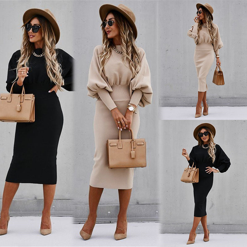 European & American Women's Solid Color Lantern Sleeve High Waist One-Step Skirt
