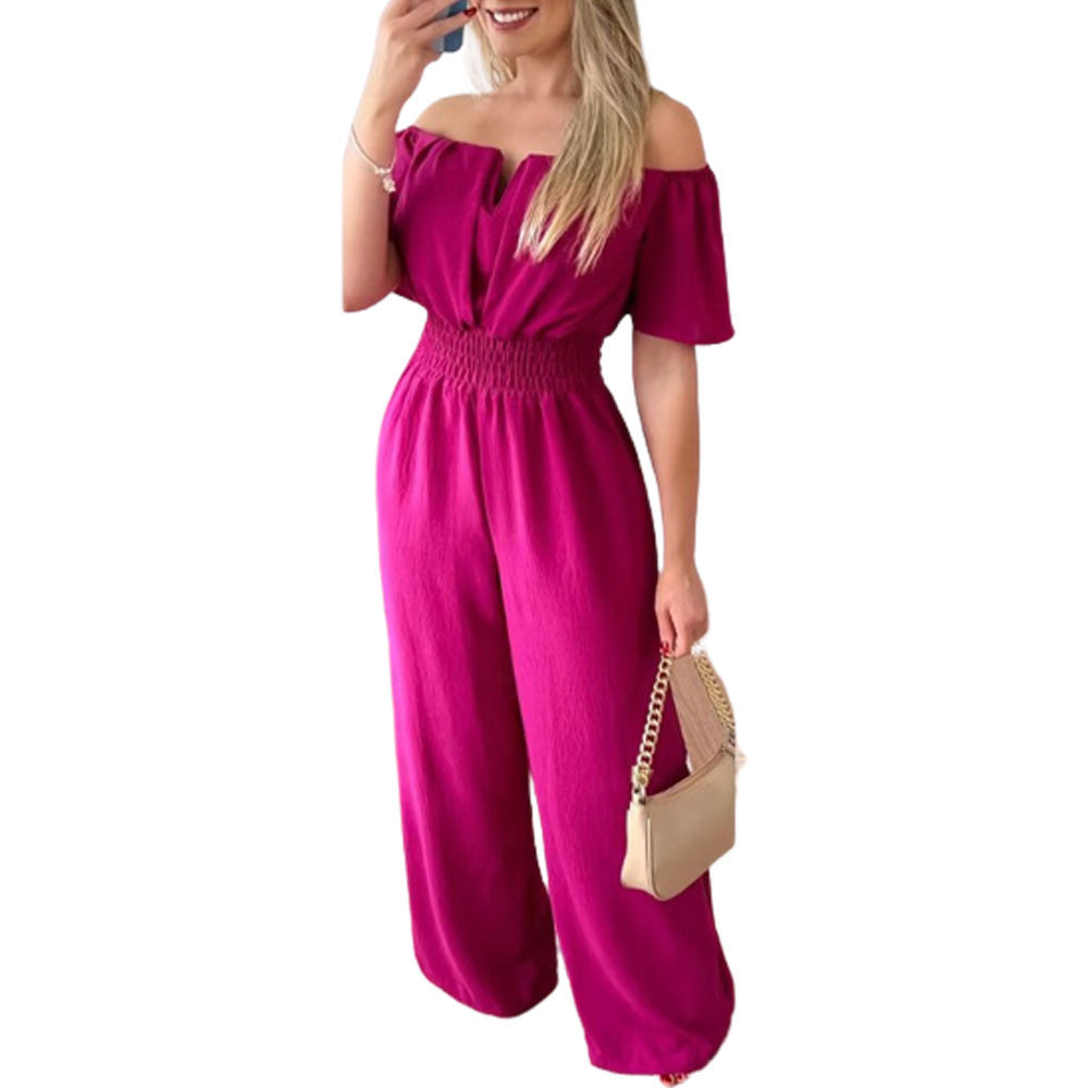 Women's Off-Neck Waist-Trimmed Loose Straight Jumpsuit