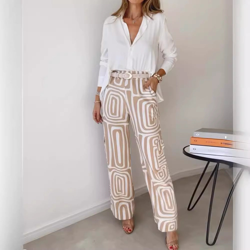 Ensemble chemise décontractée à manches longues et revers pour femme et pantalon ample imprimé