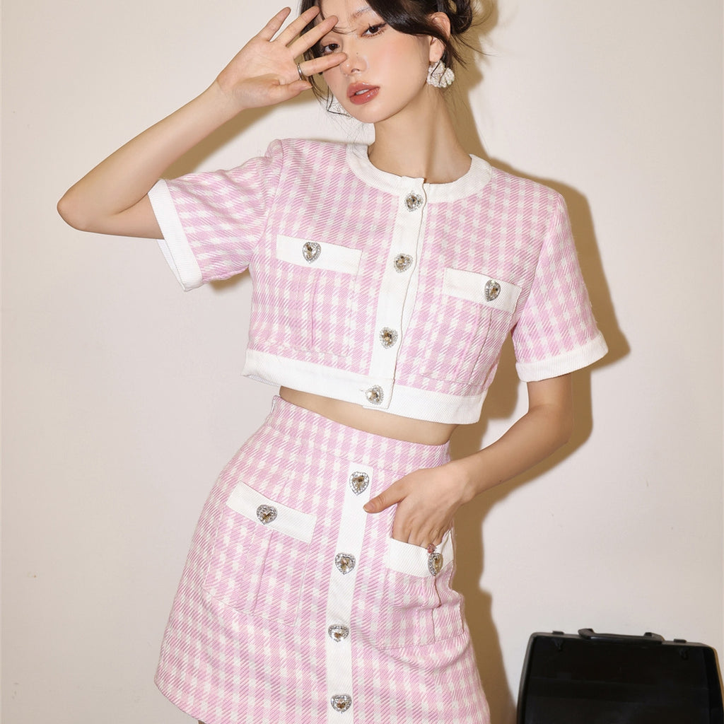 Ensemble à carreaux Little Chic avec boucle en strass roses