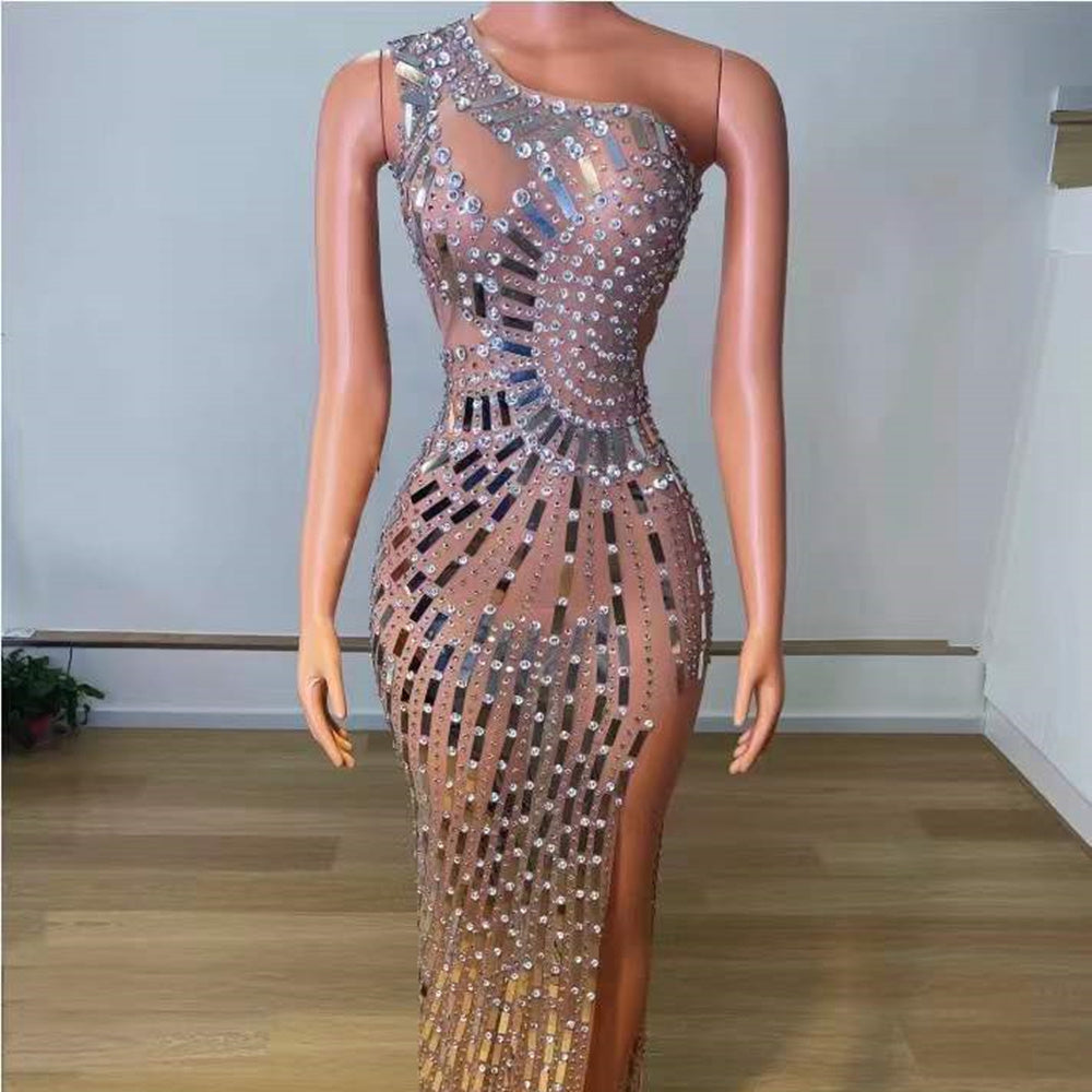 فستان ضيق بكسرات شفافة مع تنورة ملفوفة بدون أكمام S-XL