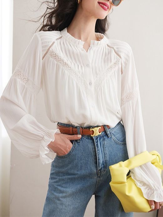 White Patchwork French Style Shirt with Lantern Sleeves