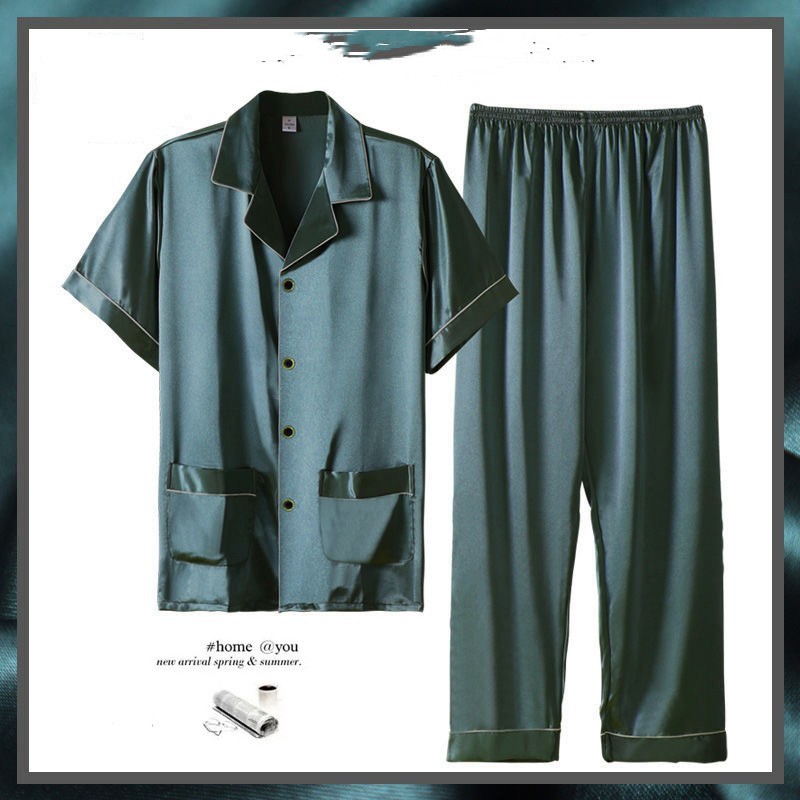 Men's Summer Thin Ice Silk Short Sleeve Homewear Suit with Trousers