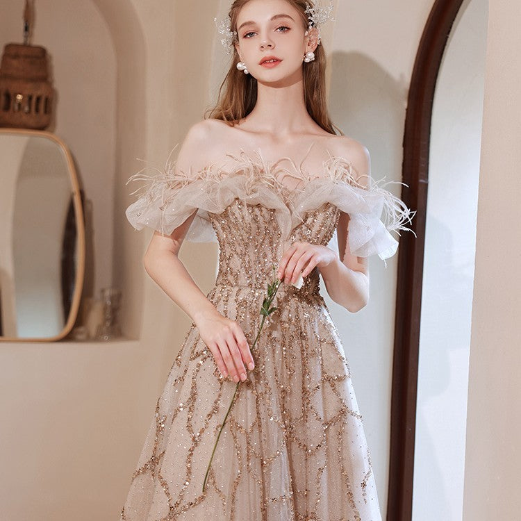 Off-Shoulder Beaded Conference Host Dress in Champagne, Red, or Blue