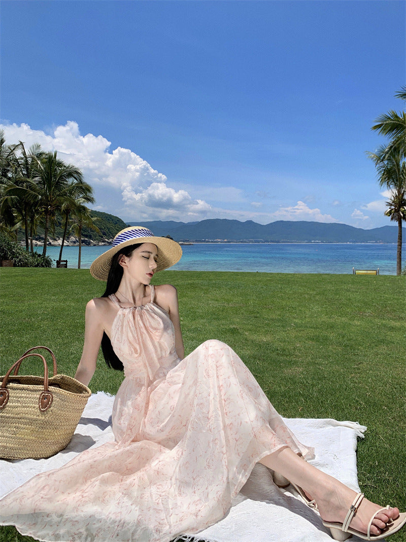 French Halter Lace-Up Sleeveless Off-Shoulder Floral Seaside Holiday Dress
