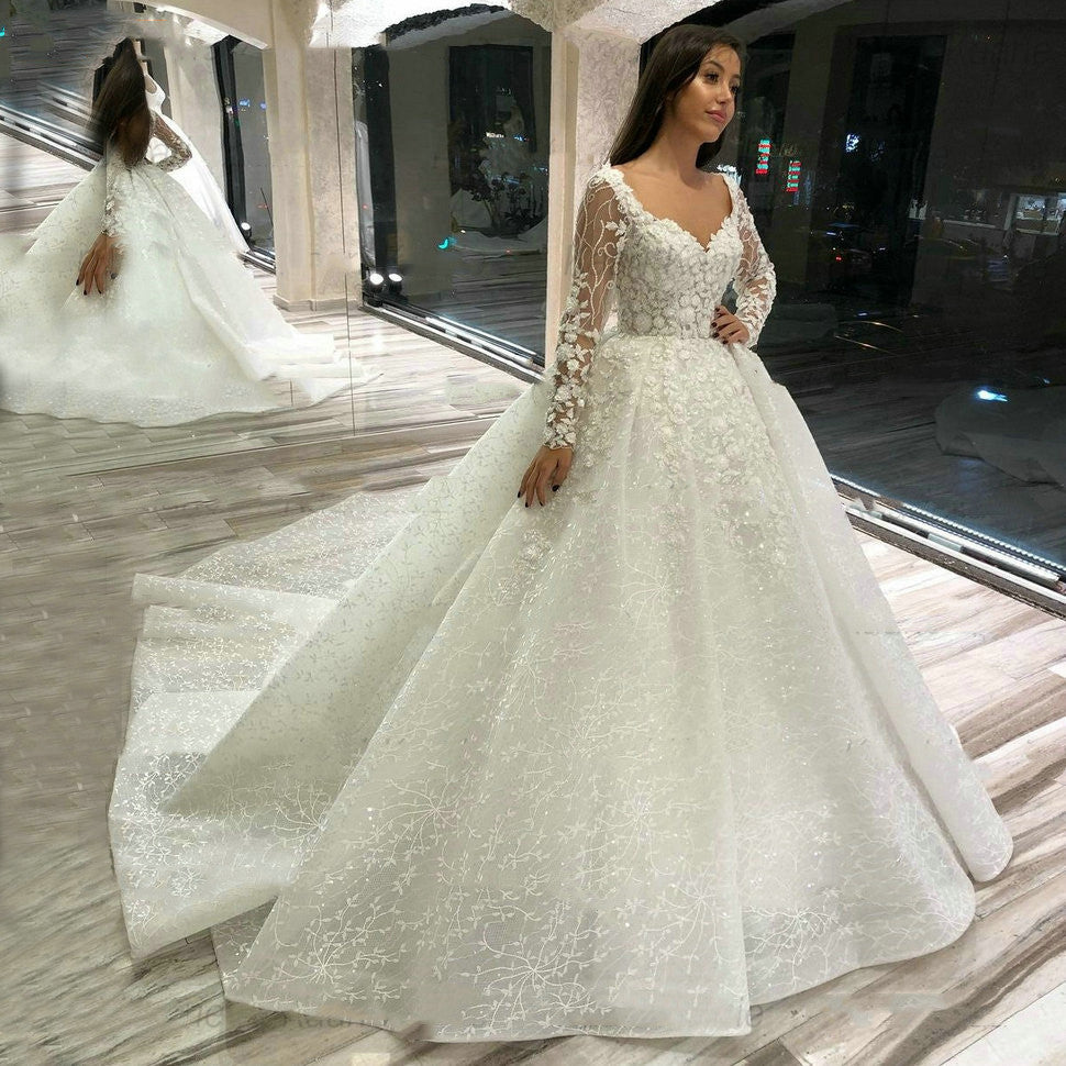 فستان سهرة أبيض عاجي نسائي طويل الأكمام من البوليستر