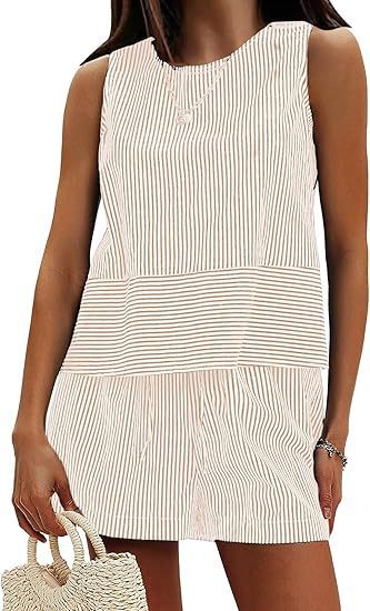 Vertical Striped Waist Round Neck Sleeveless Suit