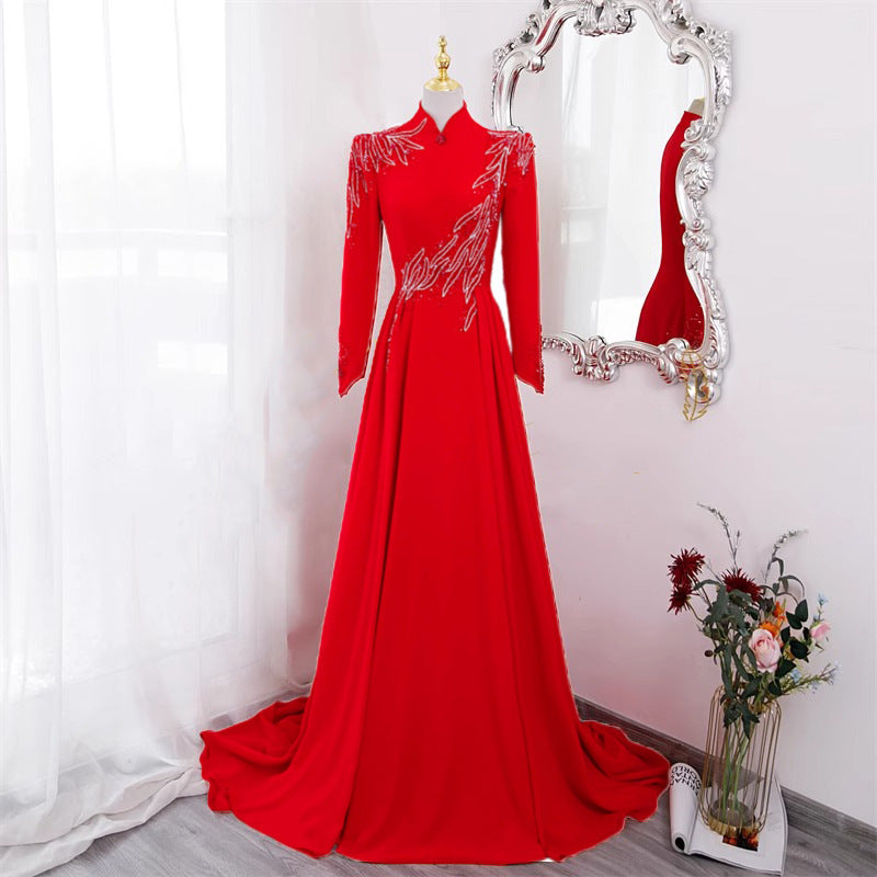 Robe de soirée longue rouge à manches longues pour femmes