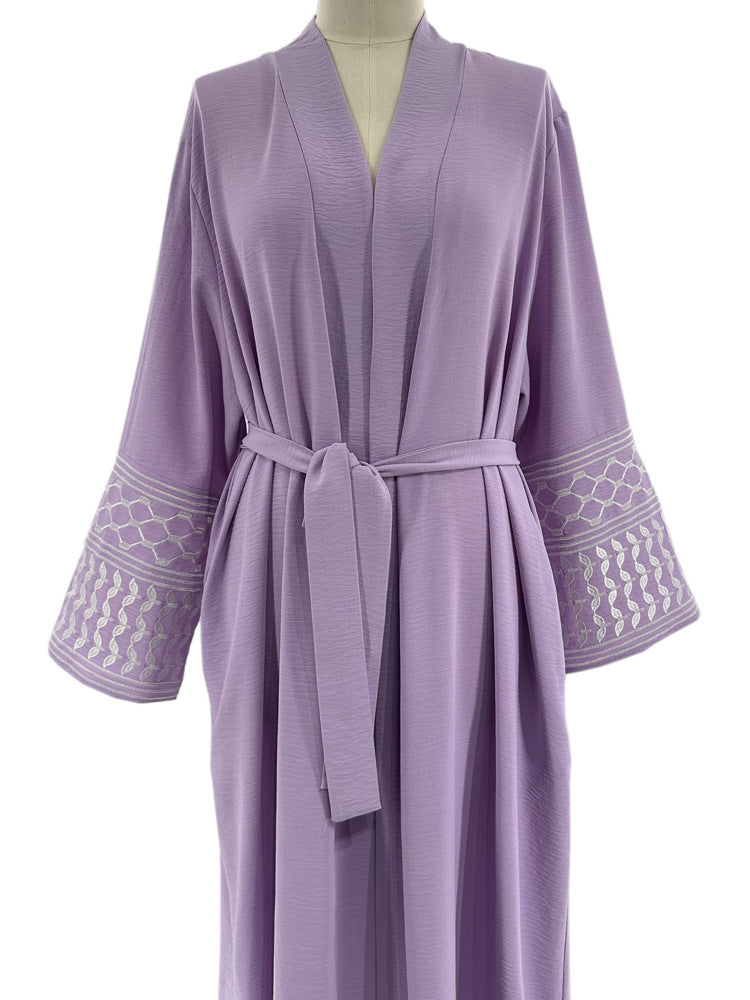 Machine Embroidery Pocket Cardigan Lace-up Robe for Middle Eastern Women