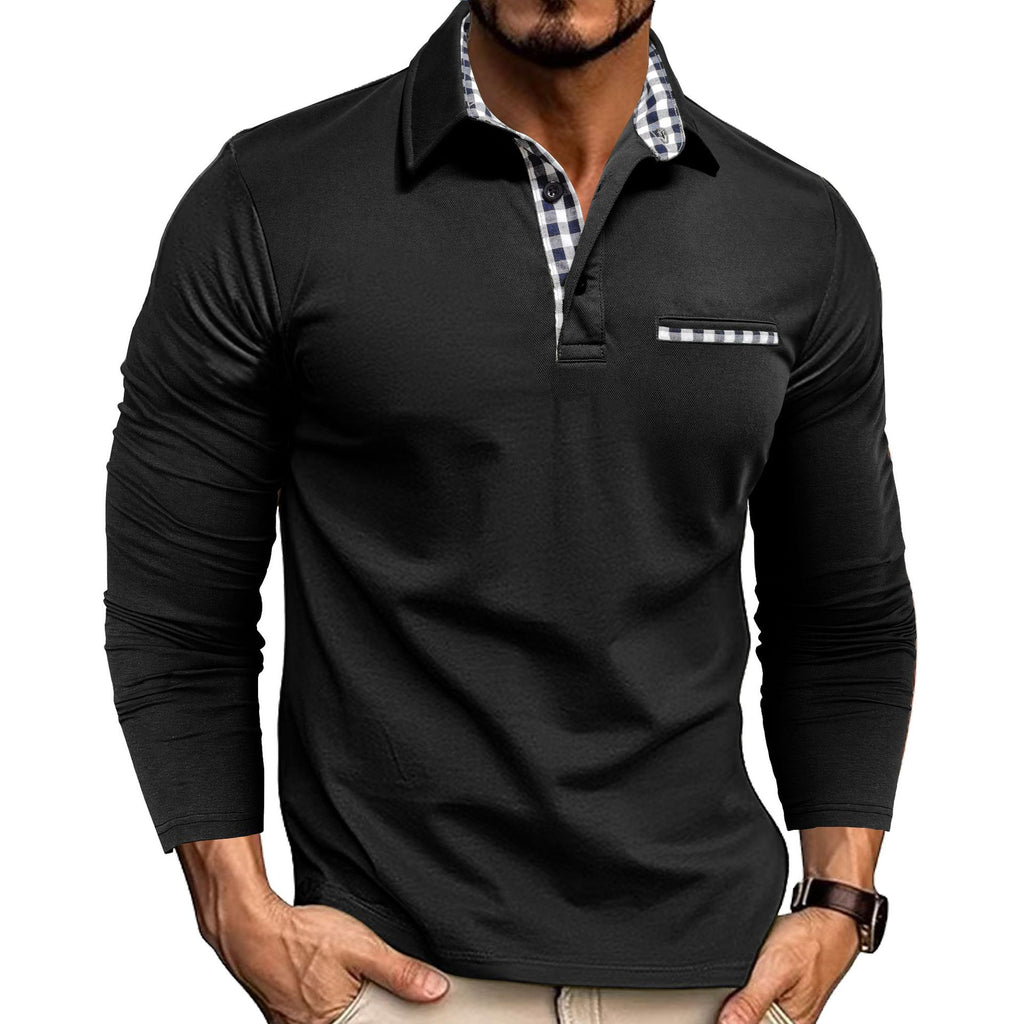 Chemise Polo à Manches Longues Revers et Patchwork Carreaux Décontractée Homme