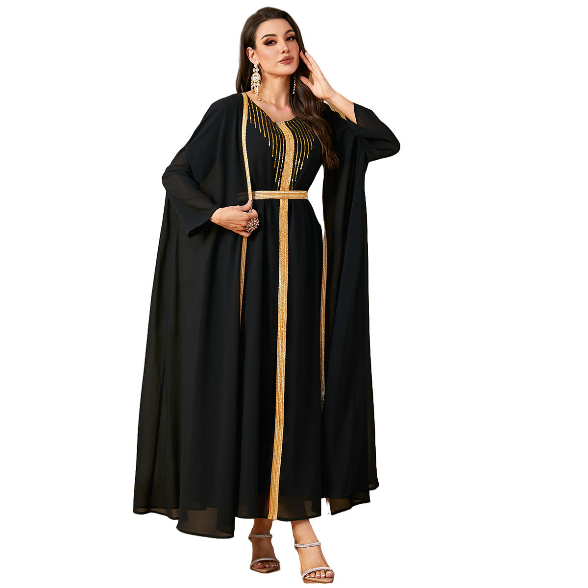 طقم عباية من قطعتين من الشيفون المطرز بالترتر