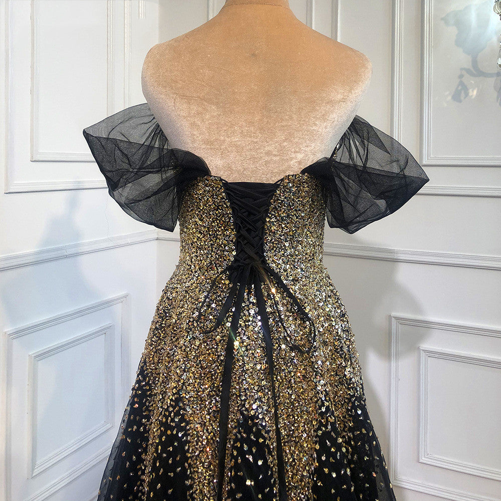 Black Gold Strapless One-Shoulder Evening Wedding Dress for Bride
